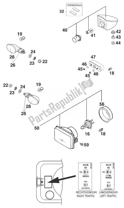 All parts for the Flasher, Rear Light, Head Light of the KTM 400 LC4 R Europe 1999