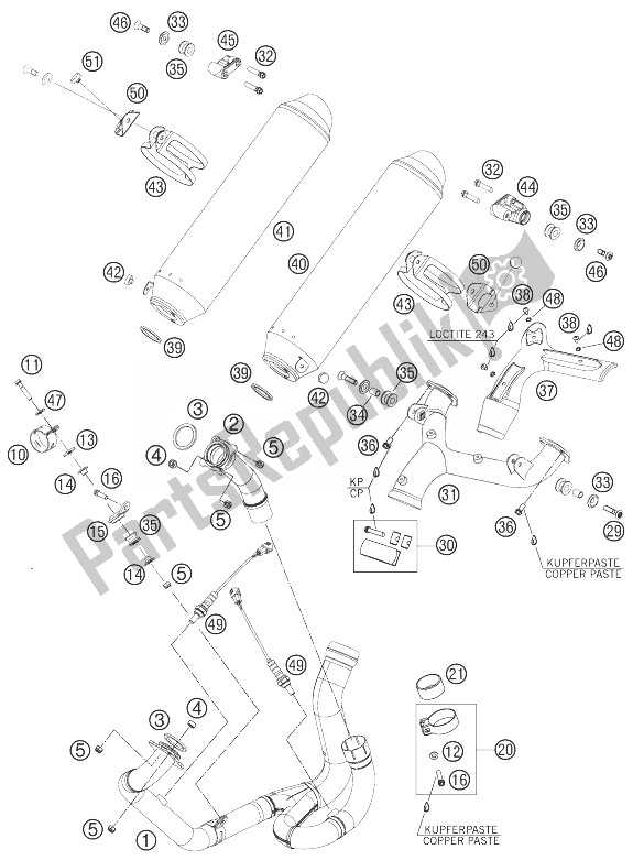 All parts for the Exhaust System of the KTM 990 Supermoto R Australia United Kingdom 2010