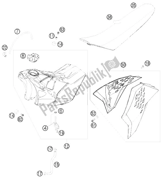 Alle onderdelen voor de Tank, Stoel, Deksel van de KTM 125 SX Europe 2008