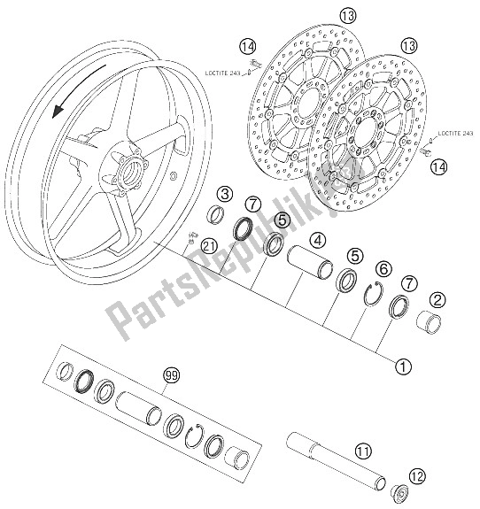 All parts for the Front Wheel of the KTM 990 Superduke Titanium Australia United Kingdom 2006