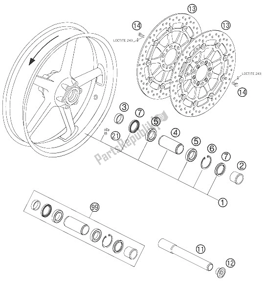 All parts for the Front Wheel of the KTM 990 Superduke Titanium Australia United Kingdom 2006