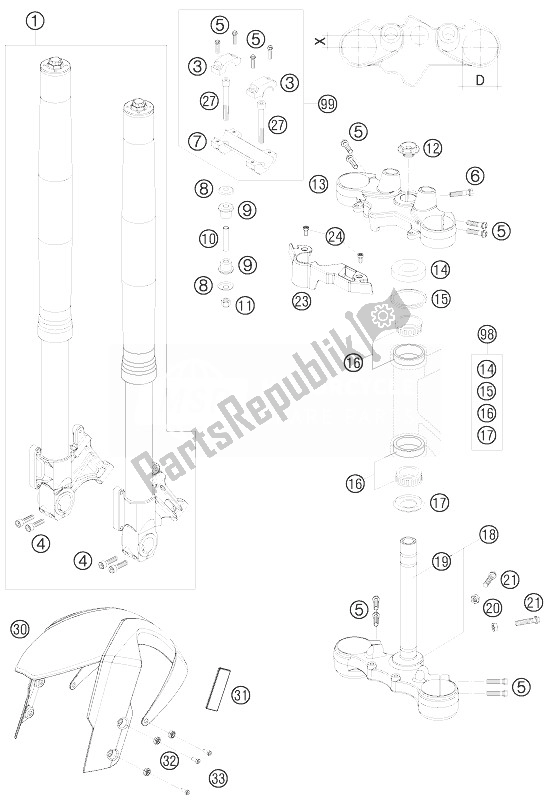 All parts for the Front Fork, Triple Clamp of the KTM 990 Supermoto T LIM Edit 10 Europe 2010