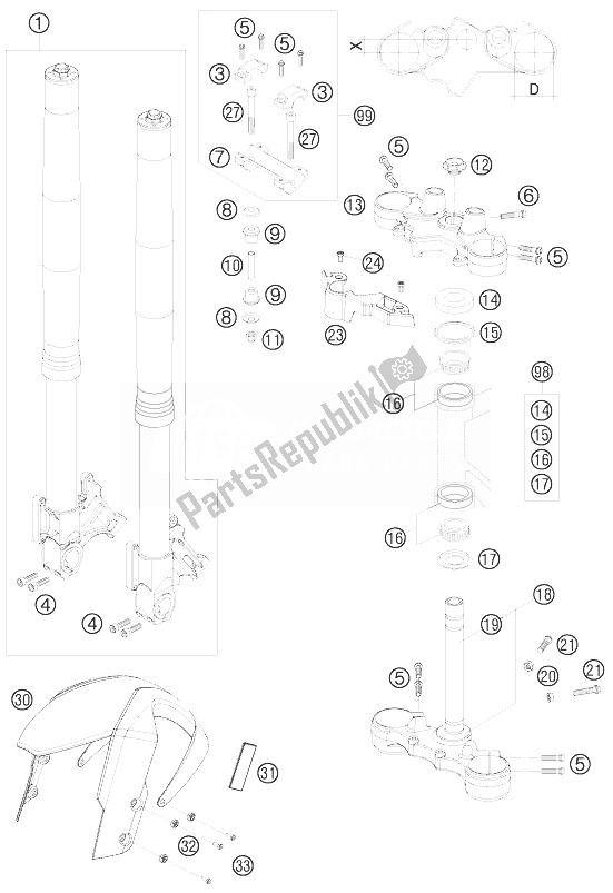 All parts for the Front Fork, Triple Clamp of the KTM 990 Supermoto T Silver Europe 2010