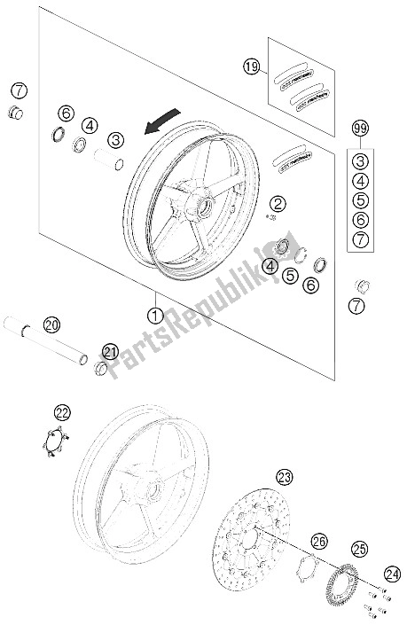 All parts for the Front Wheel of the KTM 690 Duke Black Australia United Kingdom 2012