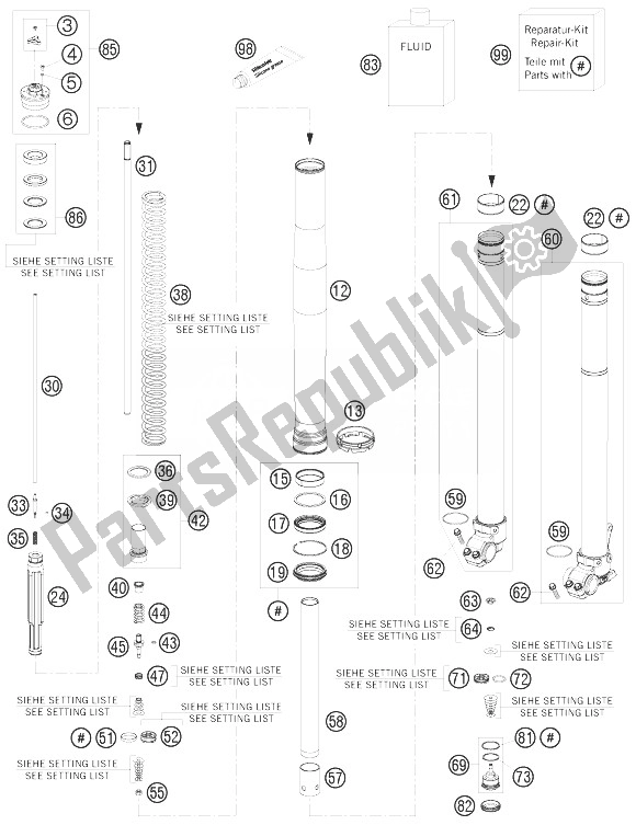 Alle onderdelen voor de Voorvork Gedemonteerd van de KTM 125 EXC Europe 2010