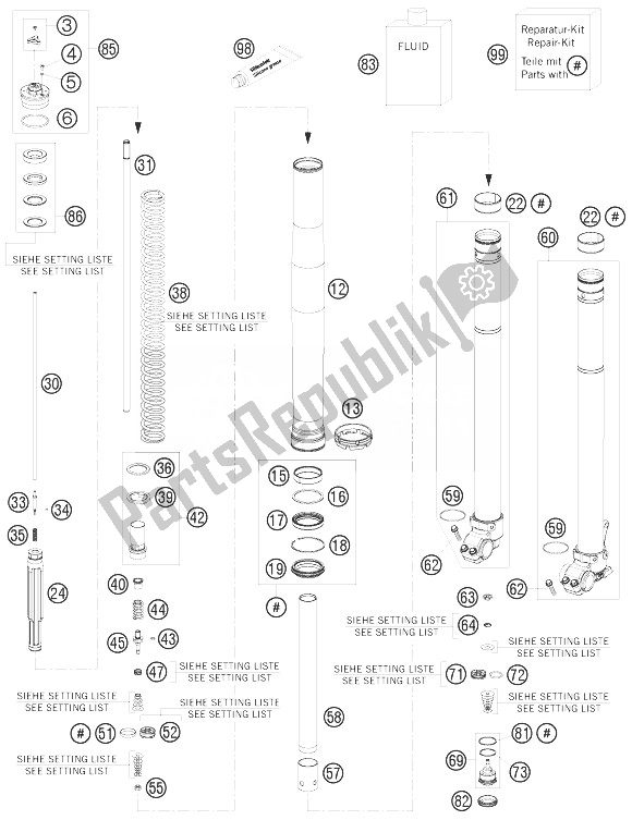 All parts for the Front Fork Disassembled of the KTM 250 EXC F Europe 2014