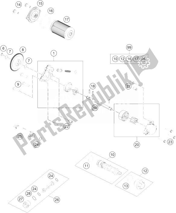 All parts for the Lubricating System of the KTM 390 Duke White ABS CKD Argentina 2014