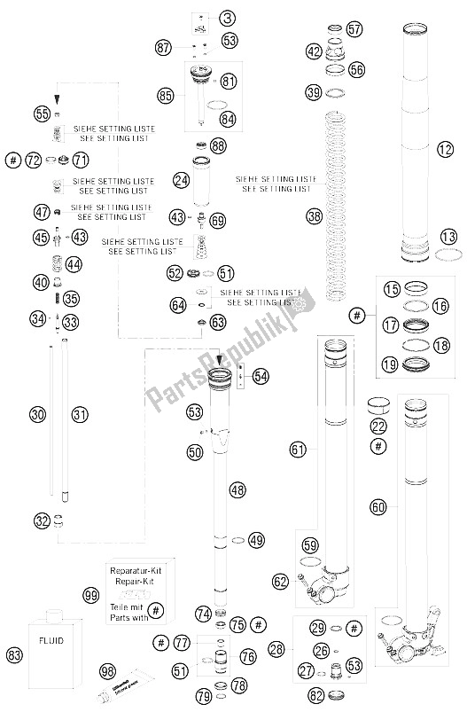 All parts for the Front Fork Disassembled of the KTM 690 Rally Factory Replica Europe 2009