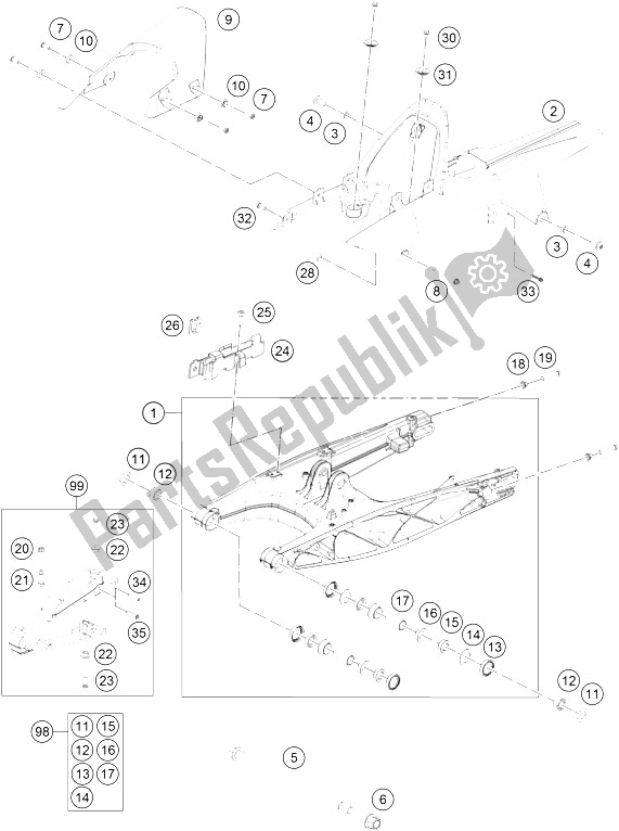 All parts for the Swing Arm of the KTM RC 390 White ABS B D 16 Europe 2016