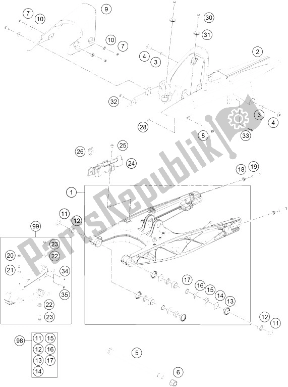 All parts for the Swing Arm of the KTM RC 390 White ABS B D 16 Japan 2016