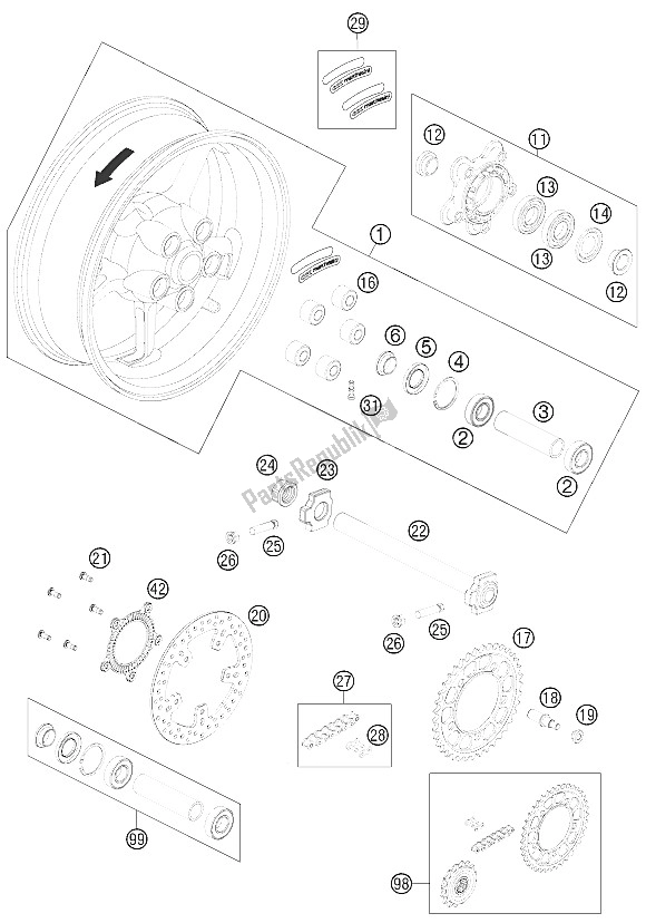 All parts for the Rear Wheel of the KTM 990 SM T White ABS Spec Edit Brazil 2011