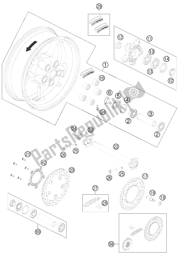 All parts for the Rear Wheel of the KTM 990 Superm T White ABS Australia United Kingdom 2011