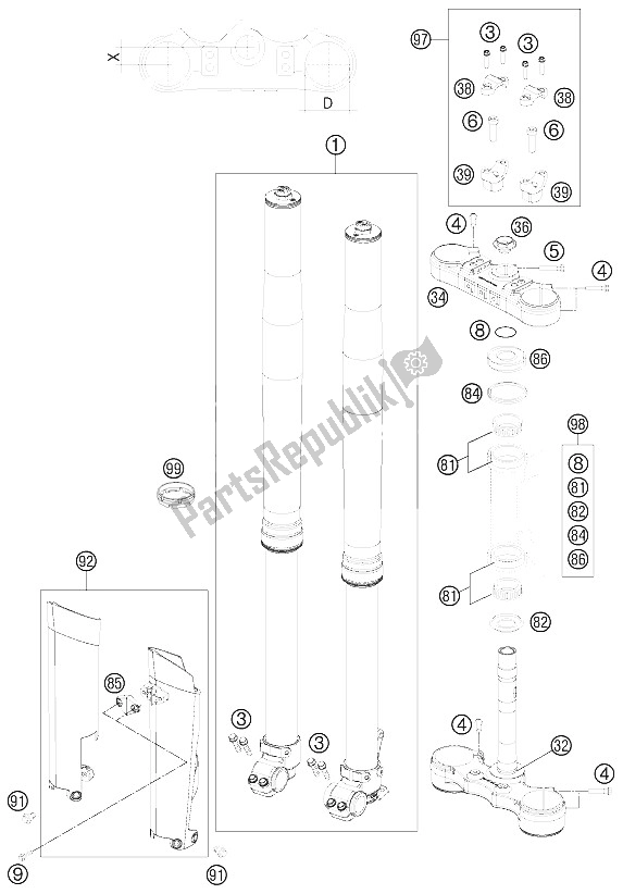 All parts for the Front Fork, Triple Clamp of the KTM 500 EXC USA 2012