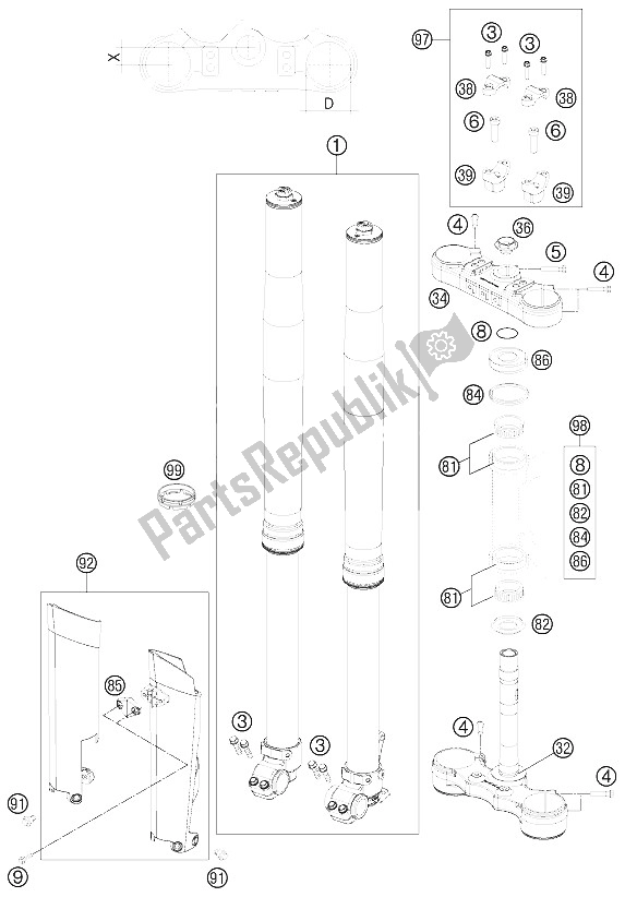 Tutte le parti per il Forcella Anteriore, Pinza Tripla del KTM 500 XC W USA 2012