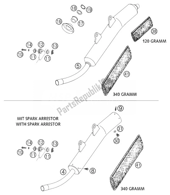 All parts for the Silencer 250/300 of the KTM 300 EXC Europe 2003