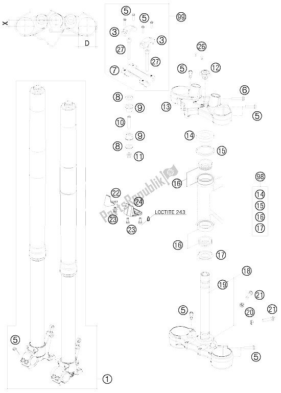 All parts for the Front Fork, Triple Clamp of the KTM 990 Adventure R France 2009