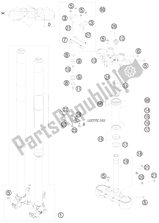 Tutte le parti per il Forcella Anteriore, Pinza Tripla del KTM 990 Adventure White ABS 09 Australia United Kingdom 2009