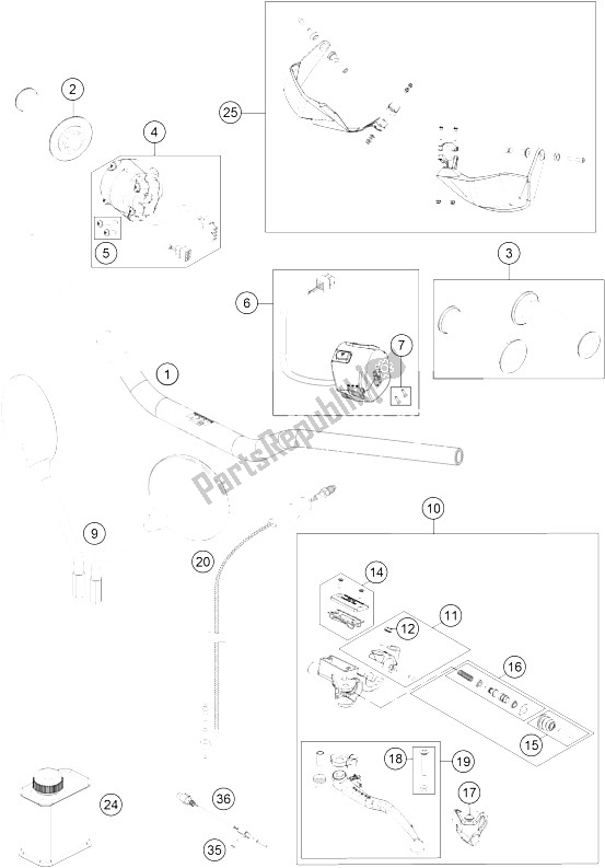 All parts for the Handlebar, Controls of the KTM 1050 Adventure ABS CKD Malaysia 2016