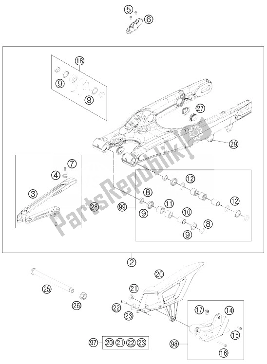 All parts for the Swing Arm of the KTM 125 EXC SIX Days Europe 2013