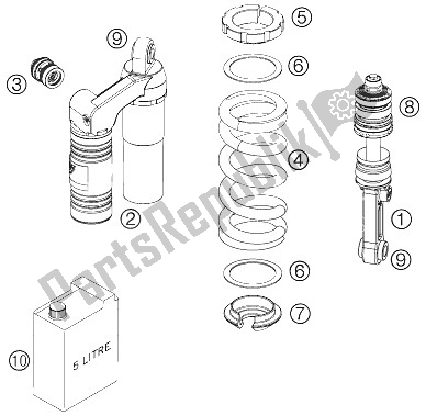 All parts for the Shock Absorber Disassembled of the KTM 990 Superduke Orange Europe 2006