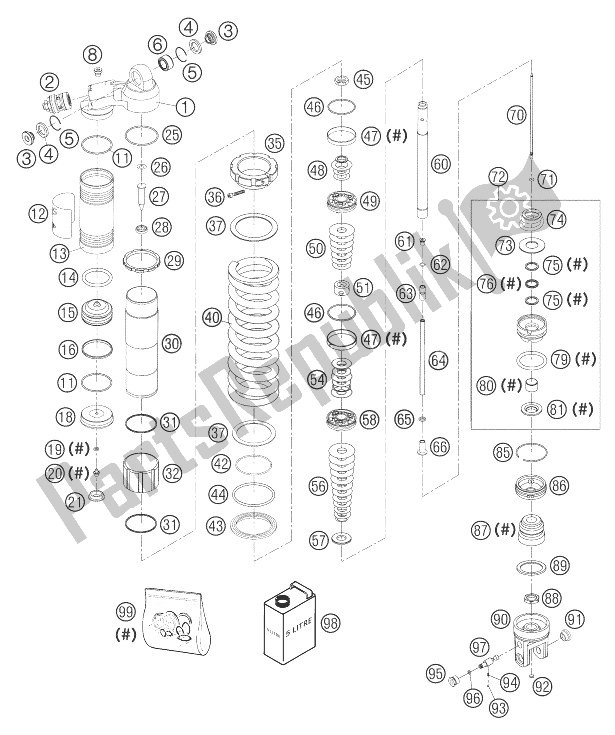 All parts for the Monoshock Disassembled 125/200 of the KTM 125 EXC United Kingdom 2004