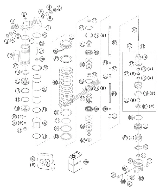 All parts for the Monoshock Disassembled 250/300 of the KTM 250 EXC Europe 2004