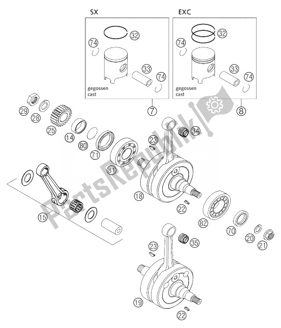 All parts for the Crankshaft, Piston 125/200 of the KTM 125 EXC SIX Days Europe 2004