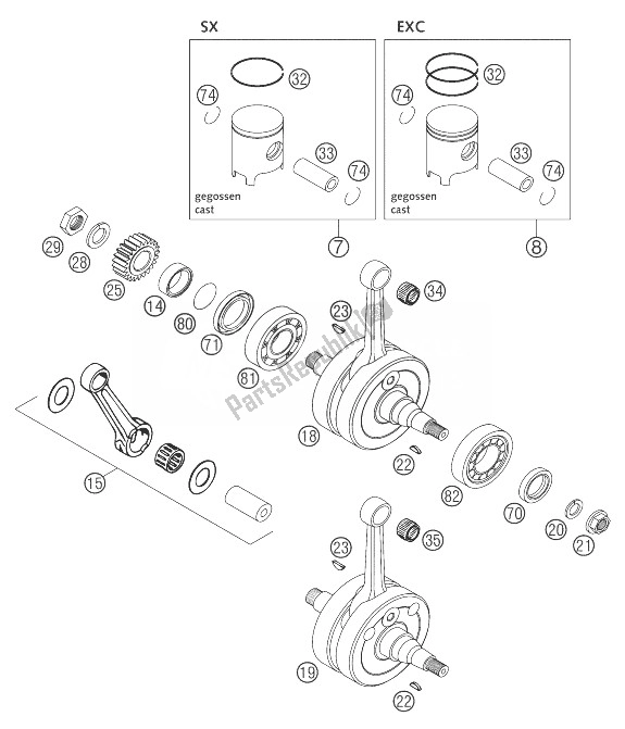 All parts for the Crankshaft, Piston 125/200 of the KTM 125 EXC United Kingdom 2004