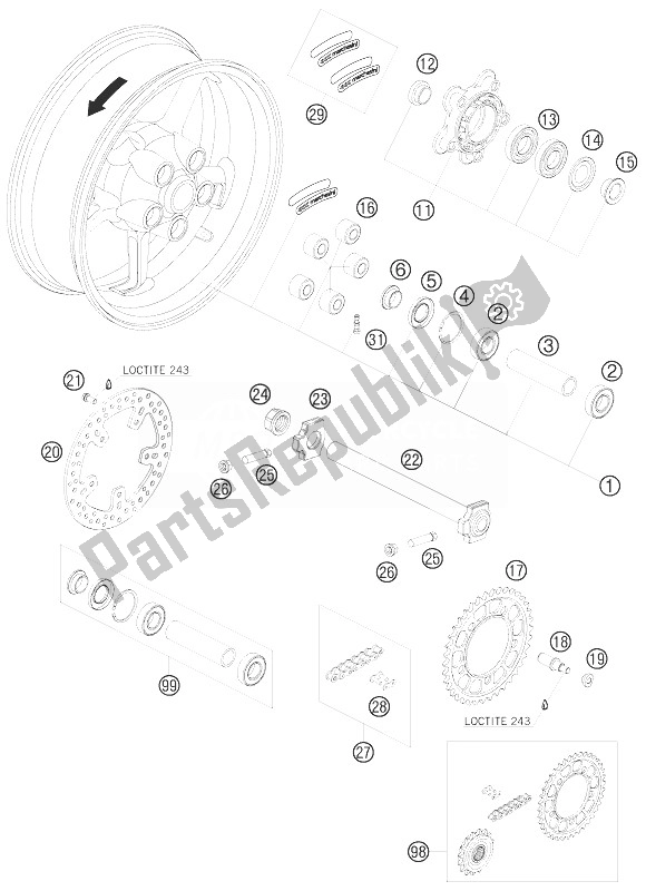 All parts for the Rear Wheel of the KTM 990 Supermoto T Orange Australia United Kingdom 2010