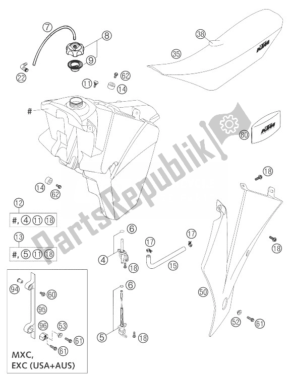 Alle onderdelen voor de Brandstoftank, Stoel, Hoes 250/30 van de KTM 250 EXC Europe 2004