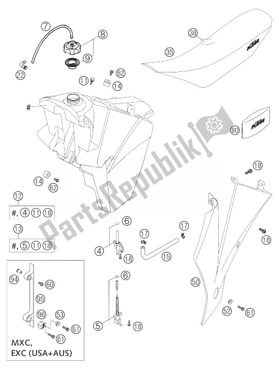 Tutte le parti per il Serbatoio Carburante, Sedile, Coperchio 250/30 del KTM 250 EXC USA 2004