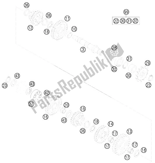 Alle onderdelen voor de Transmissie Ii - Secundaire As van de KTM 105 XC 19 16 USA 2009