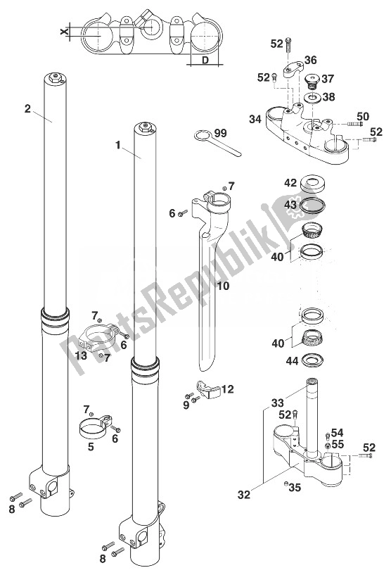 All parts for the Front Fork - Steering Stem Wp50 Extreme 250-380 of the KTM 300 MXC 12 LT USA 1998