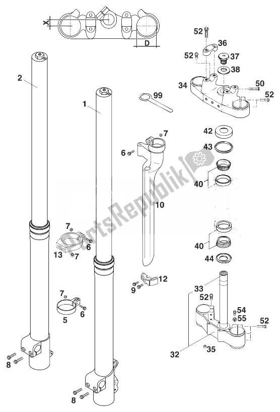 All parts for the Front Fork - Steering Stem Wp50 Extreme 400/620 of the KTM 400 SUP Comp EXC USA 1998