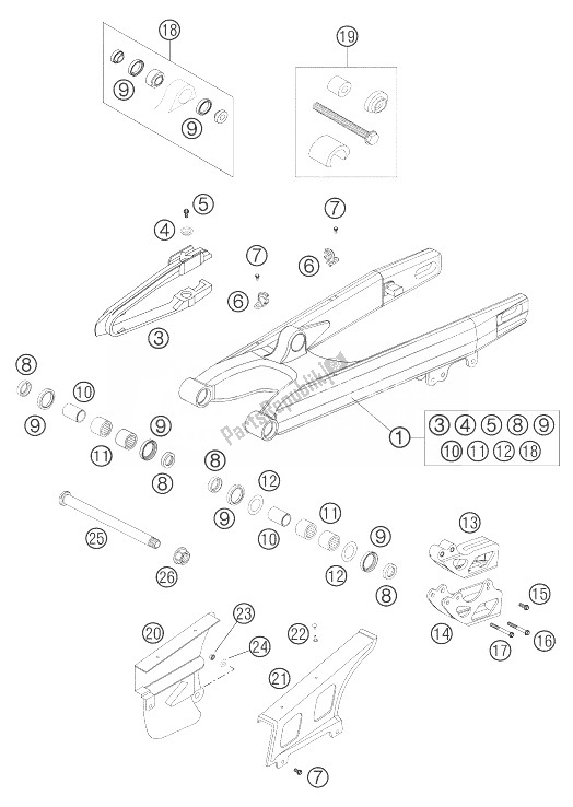 All parts for the Swing Arm of the KTM 250 EXC G Racing USA 2004