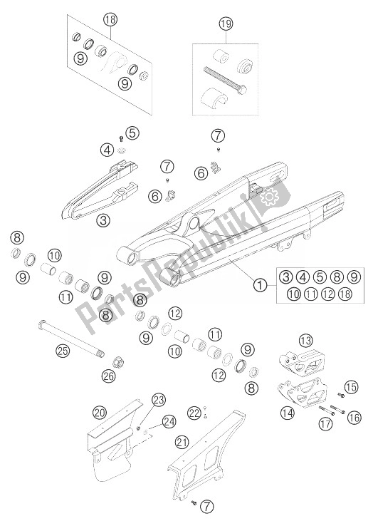 All parts for the Swing Arm of the KTM 250 EXC Racing Australia 2004