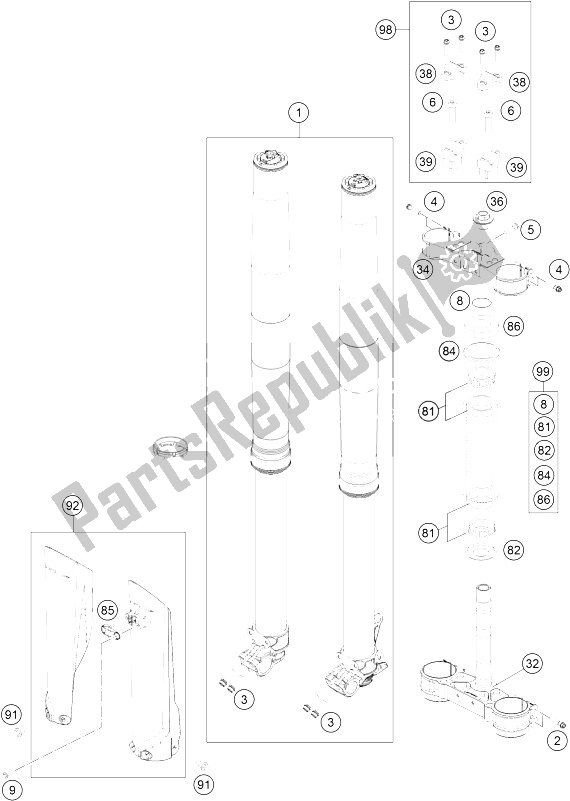 All parts for the Front Fork, Triple Clamp of the KTM 125 SX Europe 2015