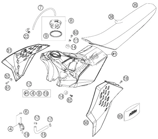 Todas las partes para Tanque, Asiento, Tapa de KTM 250 SXS F Europe 2007