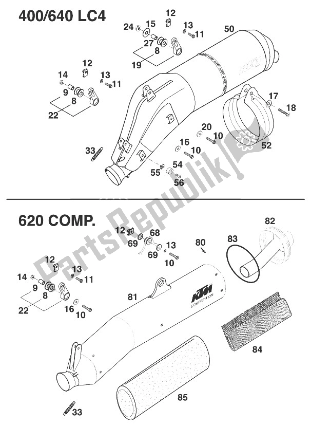 Tutte le parti per il Silenziatore 400/620/640 Lc4 '98 del KTM 400 LC 4 98 Europe 930386 1998