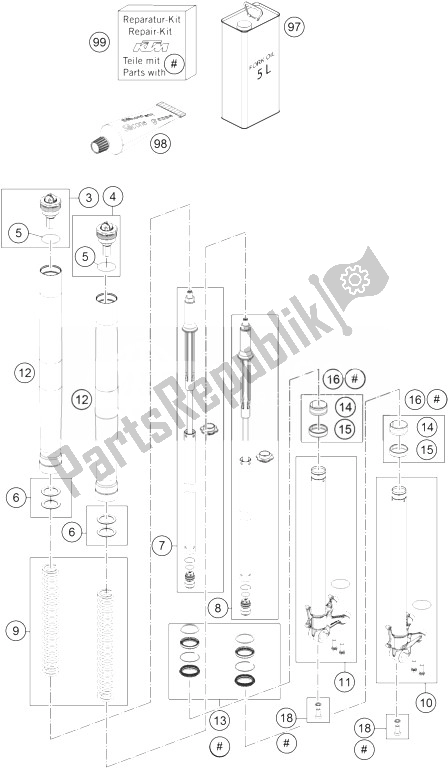 All parts for the Front Fork Disassembled of the KTM 1190 Adventure ABS Grey Australia 2014