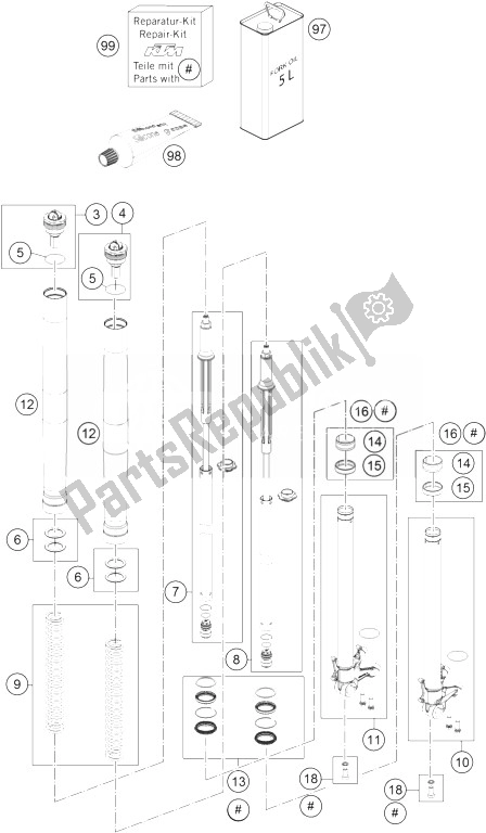 All parts for the Front Fork Disassembled of the KTM 1190 Adventure ABS Grey France 2014