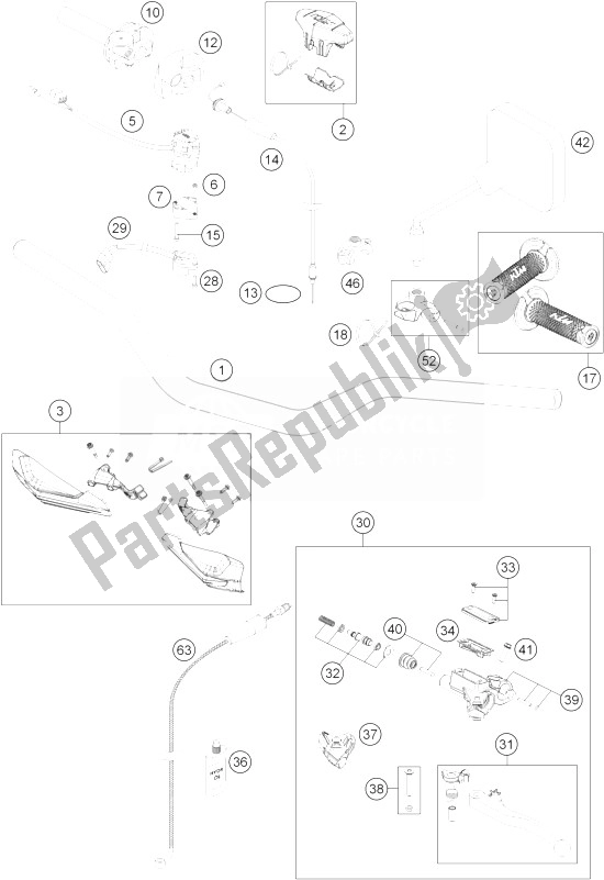 All parts for the Handlebar, Controls of the KTM 125 EXC SIX Days Europe 2014