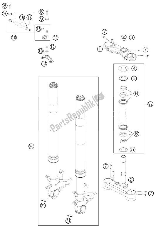 All parts for the Front Fork, Triple Clamp of the KTM 1190 RC8 R Black Europe 2011