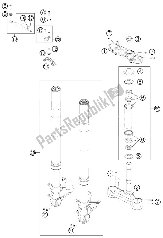 All parts for the Front Fork, Triple Clamp of the KTM 1190 RC8 R Black USA 2012