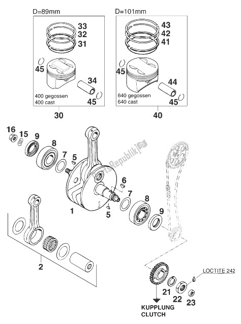 All parts for the Crankshaft - Piston 400/620 ' of the KTM 400 SUP Comp 20 KW Europe 1999