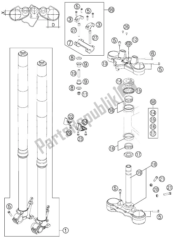 All parts for the Front Fork, Triple Clamp of the KTM 990 Adventure Blue ABS 12 France 2012