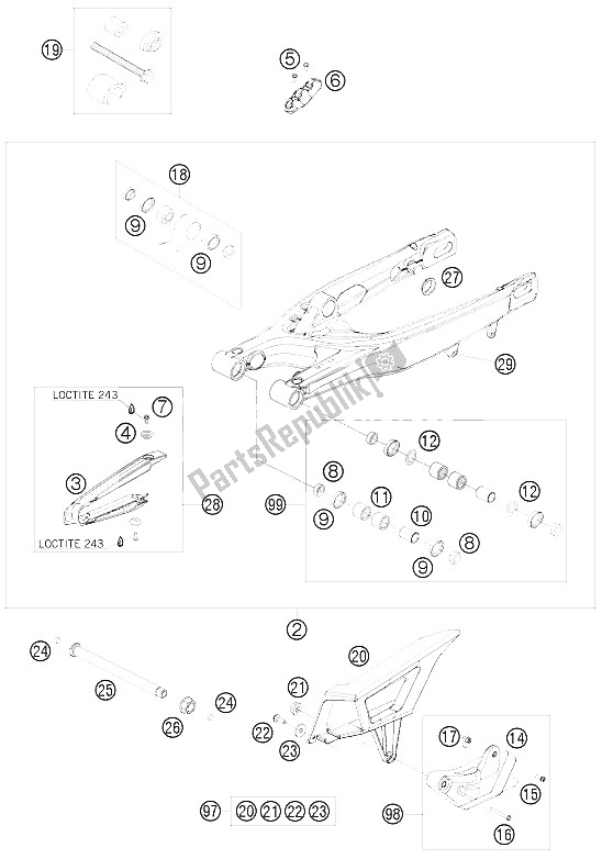 All parts for the Swing Arm of the KTM 200 EXC Australia 2008