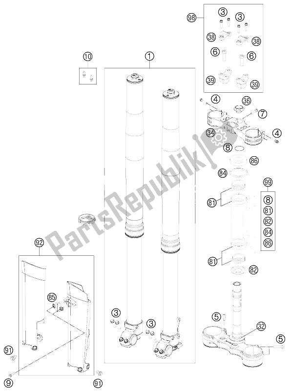 All parts for the Front Fork, Triple Clamp of the KTM 125 EXC SIX Days Europe 2012