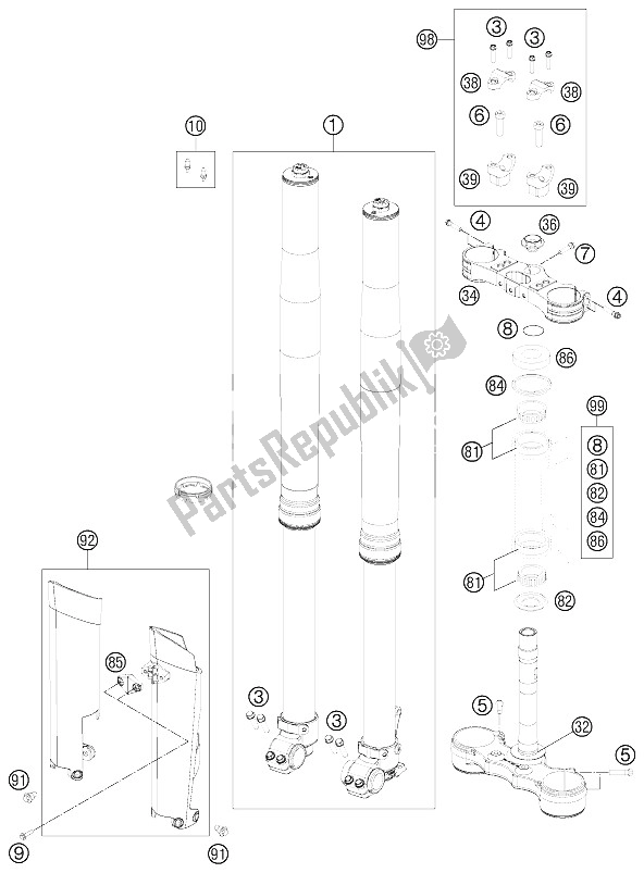 All parts for the Front Fork, Triple Clamp of the KTM 250 EXC SIX Days Europe 2012