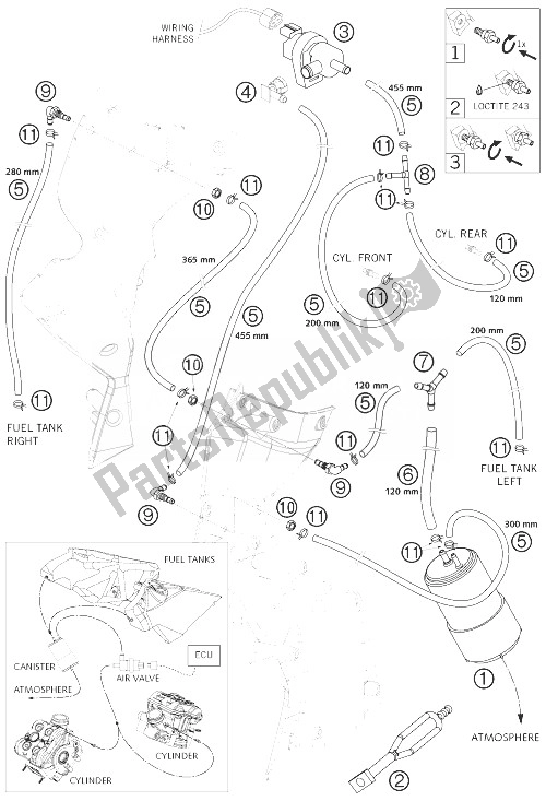 Tutte le parti per il Contenitore Per Evaporazione del KTM 990 Adventure Orange ABS 07 USA 2007